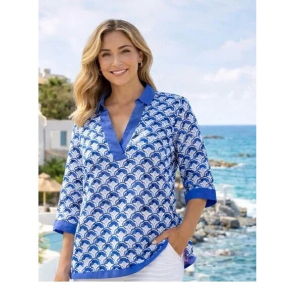 Sigrid Olsen Tops - Sigrid Olsen 100% Linen Blue/White Print 3/4 Sleeve Popover Top Blouse Size MED